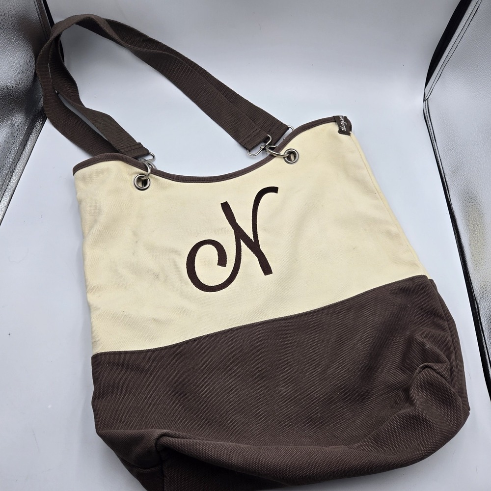 Thirty-One Canvas Crew Carry-All Natural brown Large‎ Tote Bag Purse Monogram N